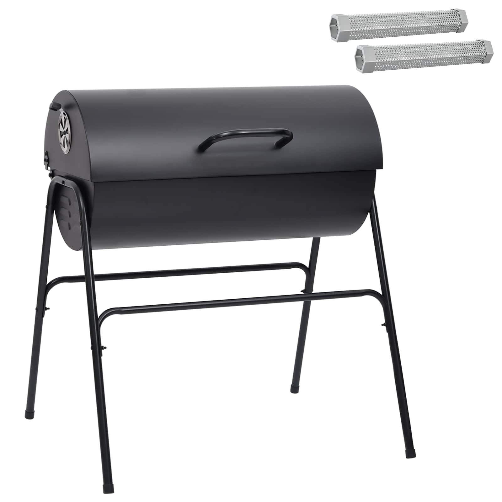 Grill Węglowy Beczkowy Czarny z 2 Rusztami i 2 Wędzarniami