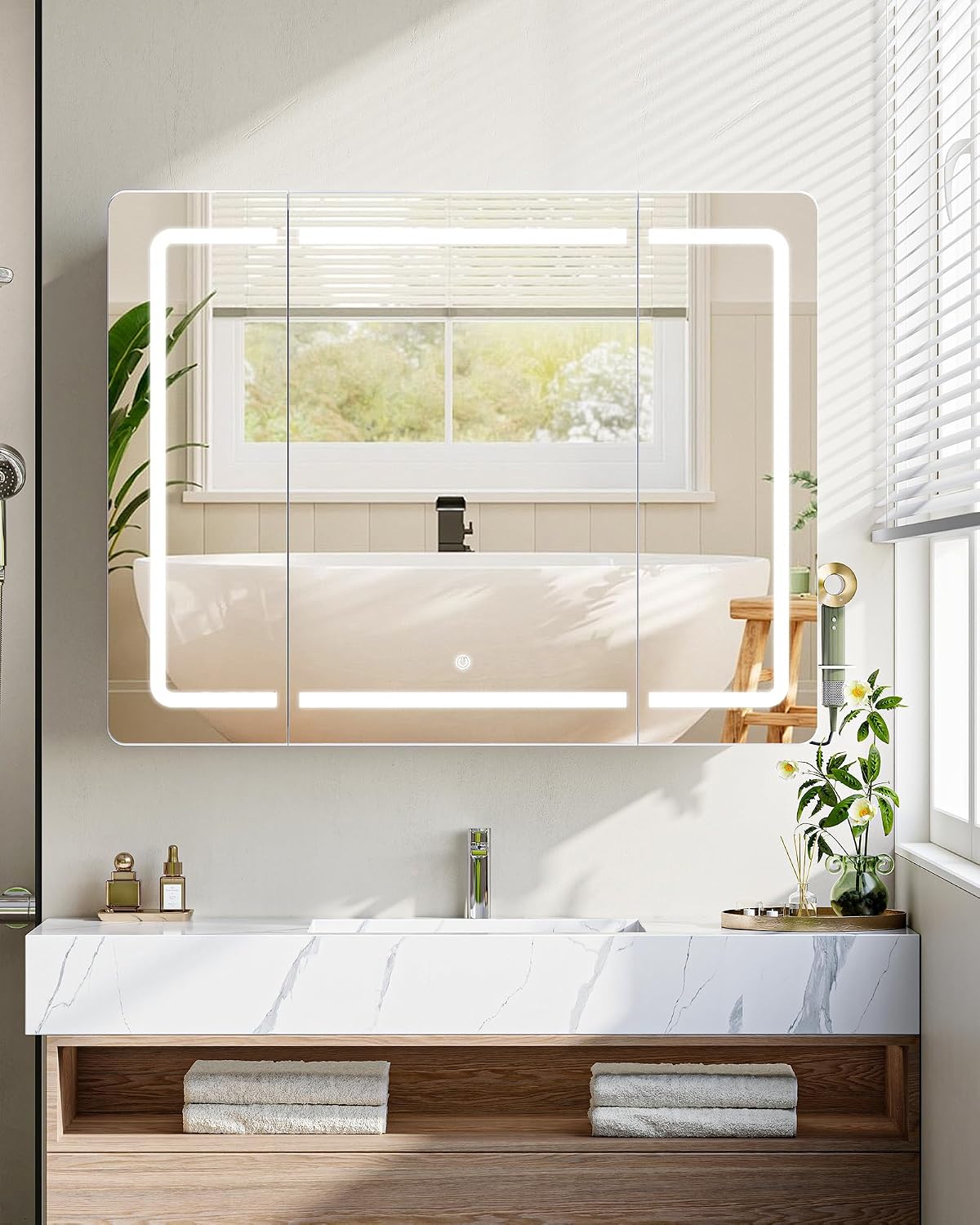 Biała szafka łazienkowa wisząca z lustrem i oświetleniem LED (3 barwy światła),Szafka łazienkowa z lustrem,16,5 x 100 x 75 cm