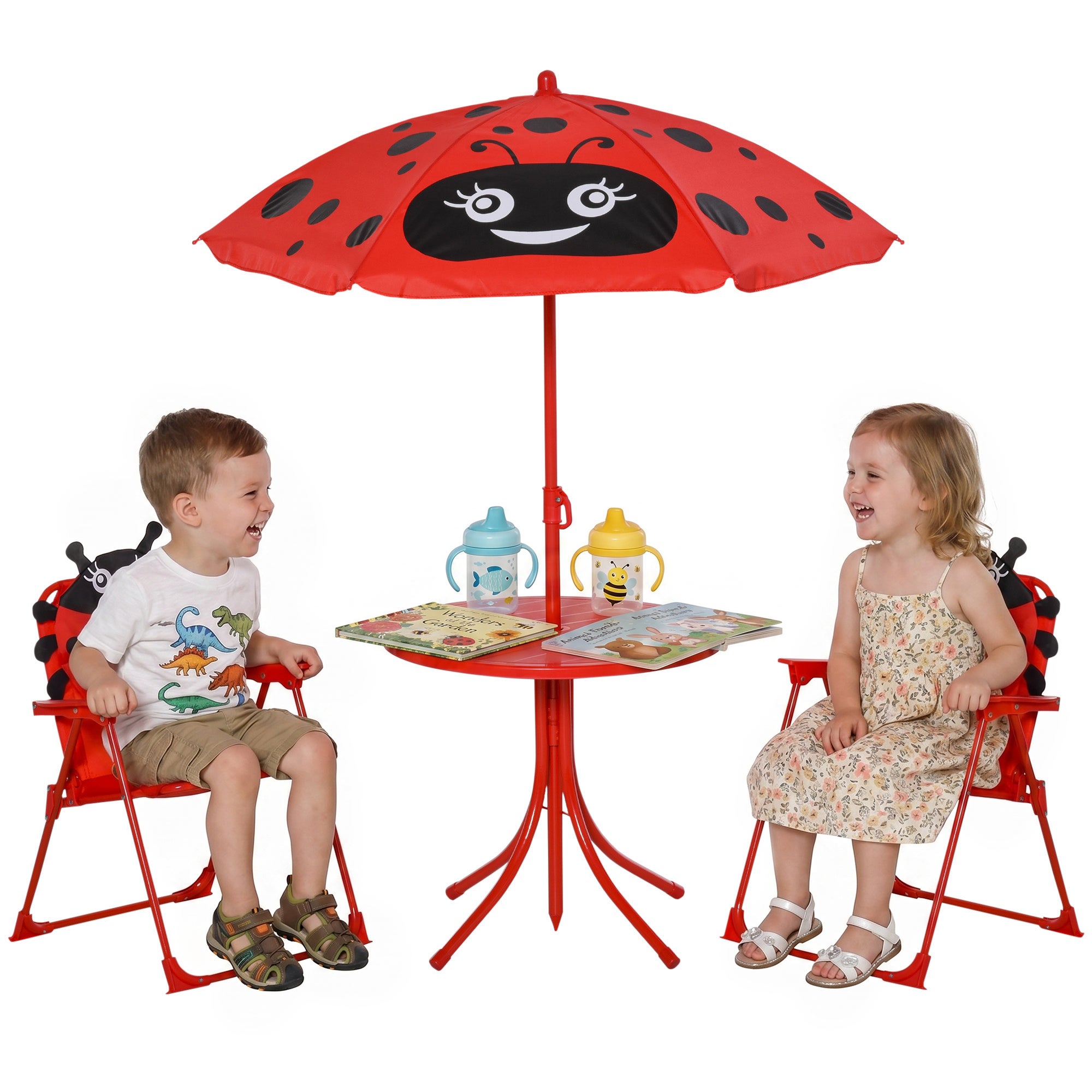 Zestaw ogrodowy dla dzieci 4-częściowy, krzesła składane, parasol, okrągły stół, kolor czerwony