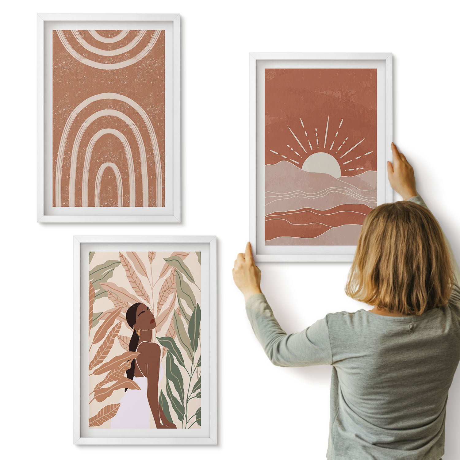 Galeria ścienna 3-częściowy komplet obrazów w białych ramach - Boho abstrakcyjne kształty i ilustracje - ArtPrintCave