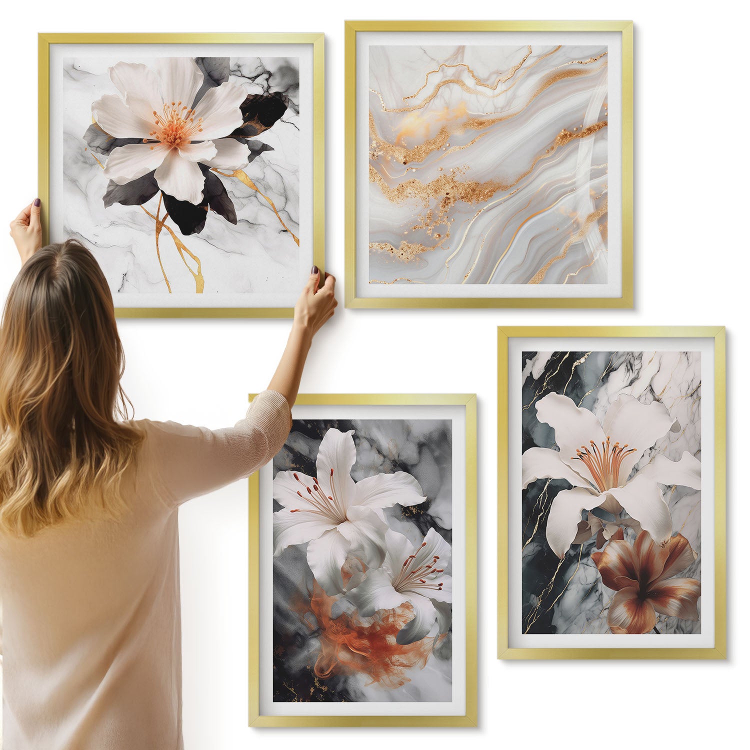 Galeria ścienna 4-częściowy komplet obrazów w złotych ramach - Kwiaty na tle marmuru w odcieniach bieli i czerni - ArtPrintCave