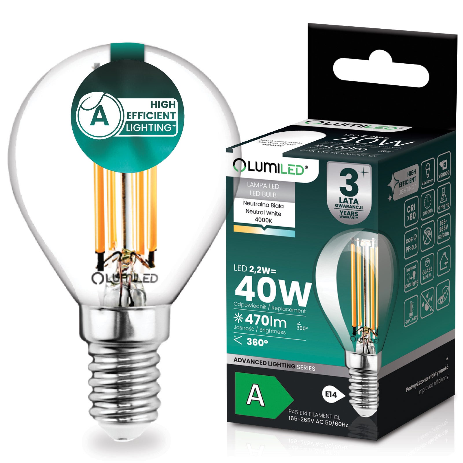Żarówka LED Lumiled E14 Kulka P45 2.2 W 470 lm 4000K Neutralna biel 360st Filament KLASA A
