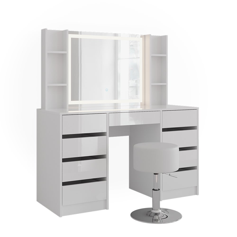 Vicco Stół do toalety Sherry, Biały/Biały wysoki połysk, 128.2 cm z lustrem LED i stołkiem