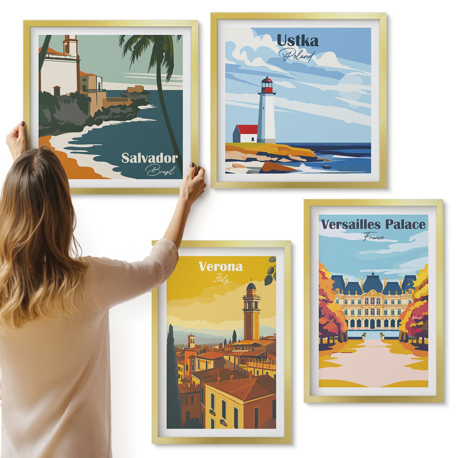 Galeria ścienna 4-częściowy komplet obrazów w złotych ramach - Widoki znanych miejsc nad morzem i w miastach - ArtPrintCave