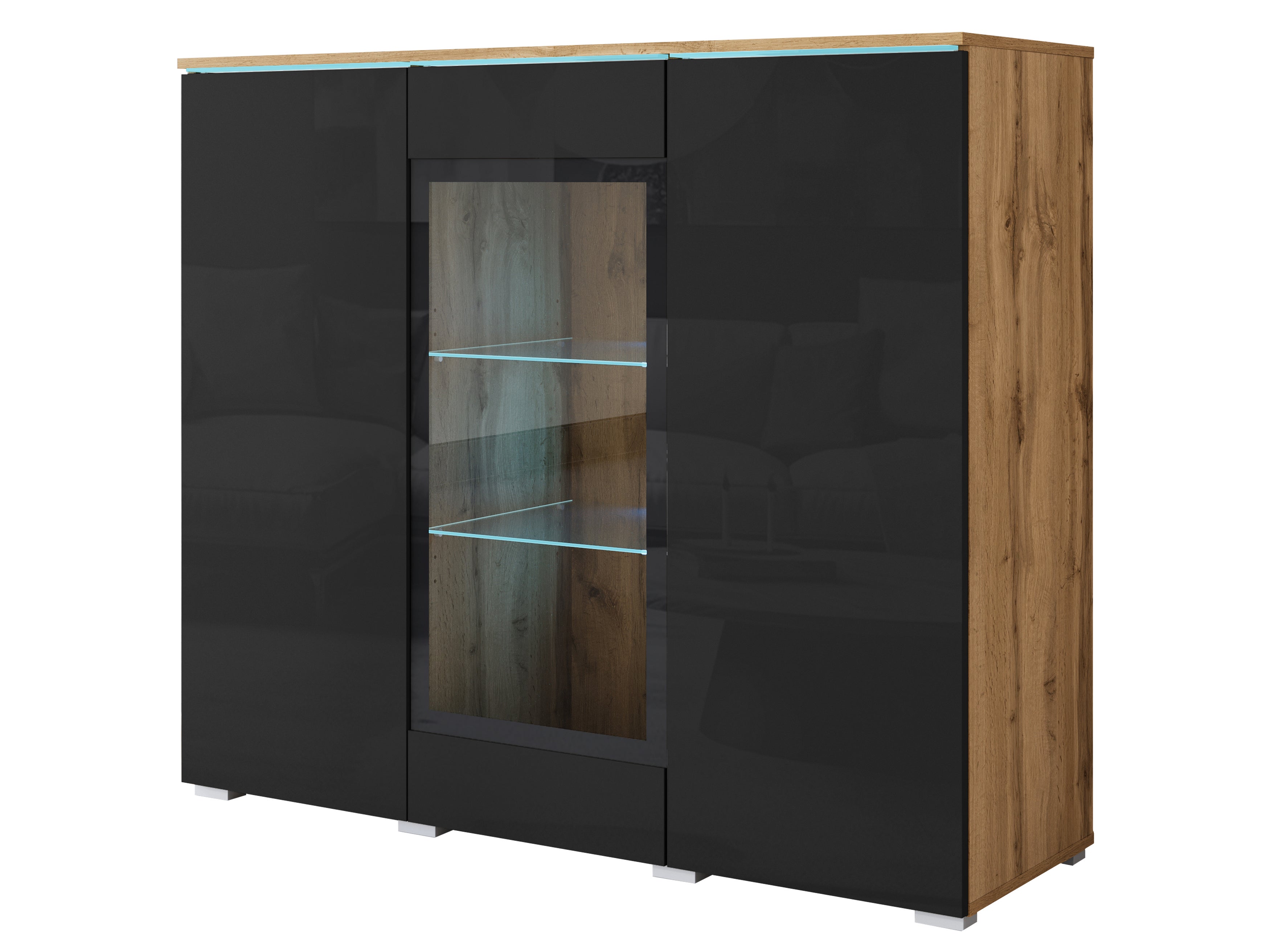 Komoda z przeszkleniem VEVE 120 cm , w kolorze dąb wotan/czarny połysk z LED