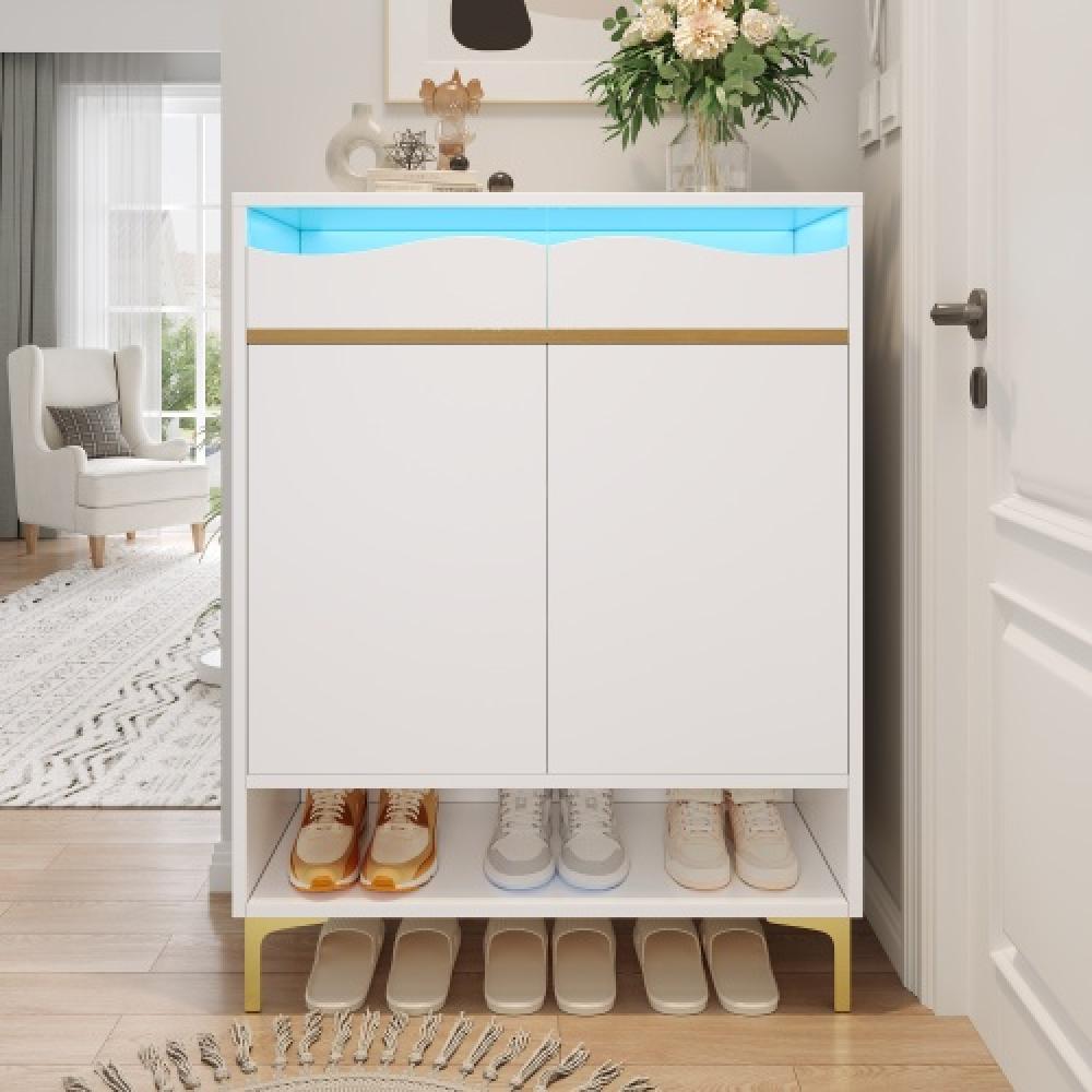 Nowoczesna biała szafka na buty z 16-kolorowym oświetleniem LED – meble do przedpokoju oszczędzające miejsce 80×35×105 cm z szufladami i półkami