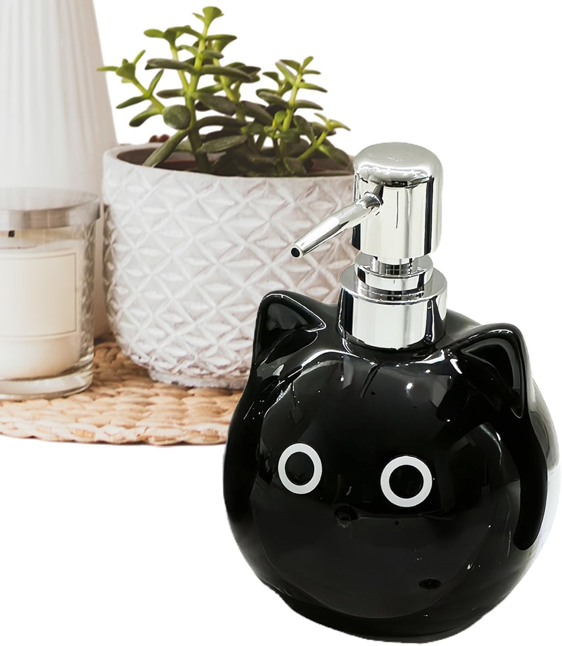 Dozownik do mydła w płynie – 480 ml, niekapiący, szczelny, wielokrotnego użytku, ceramiczny z motywem czarnego kota, na puste mydło do rąk