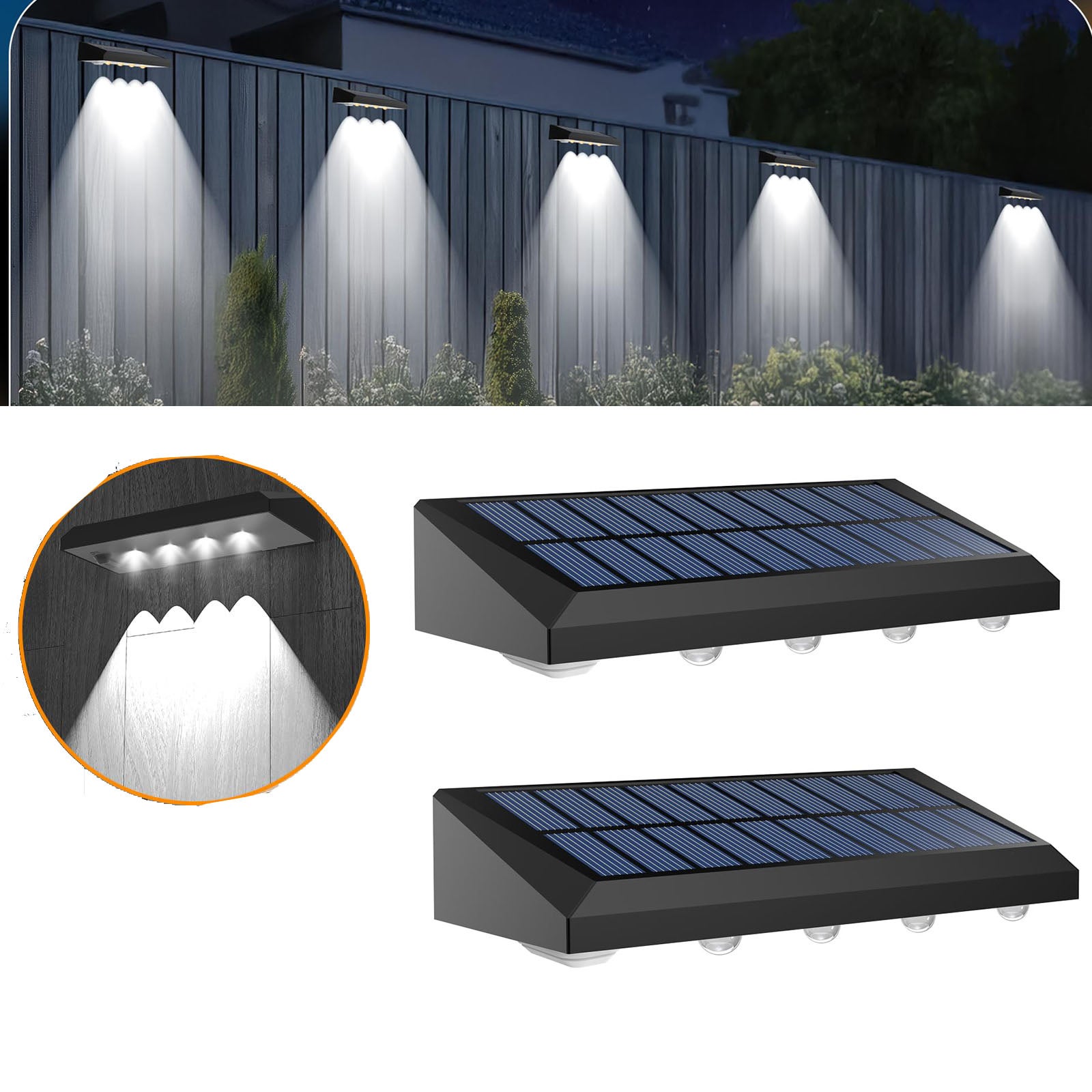 Zestaw 2 lamp solarnych zewnętrznych do ogrodzenia, barwa zimna biała, z 4 diodami LED, wodoodporność IP65, oświetlenie tarasu