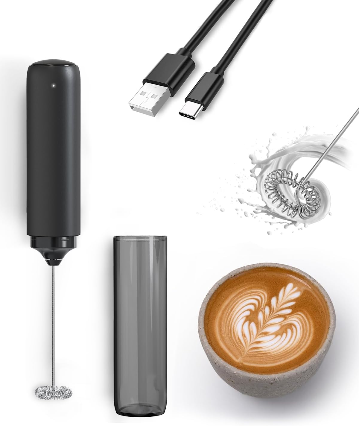 Elektryczny spieniacz do mleka, mini spieniacz do mleka ładowany przez USB, do kawy, latte, cappuccino i gorącej czekolady.