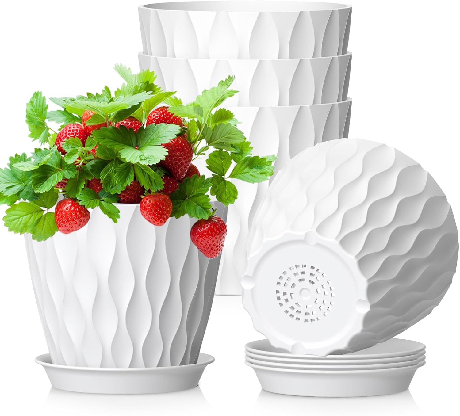 Doniczka do kwiatów doniczkowych (12,7 cm), zestaw 5 plastikowych doniczek z drenażem i podstawkami, nowoczesny, falisty wzór 3D, doniczka na sadzonk