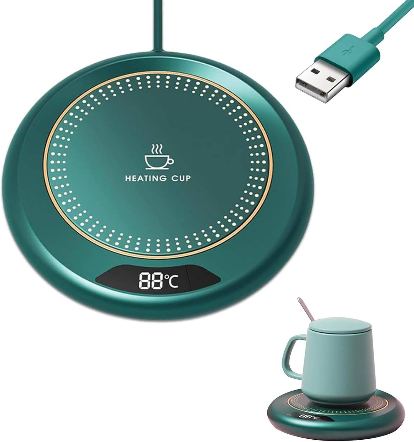 Zielony podgrzewacz USB do kubków z 3 ustawieniami temperatury, podgrzewacz do kubków do kawy, podgrzewacz do kubków do kawy, inteligentny podgrzewacz