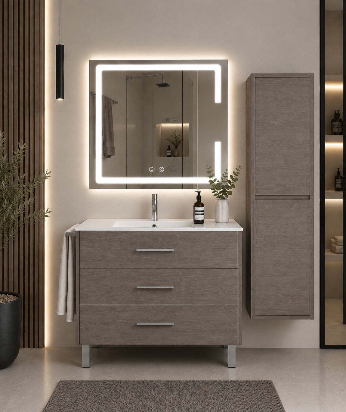 Szafka łazienkowa z umywalką ORIGENBATH RIBERA bez lustra 60x35 cm dąb smoky z kolumną