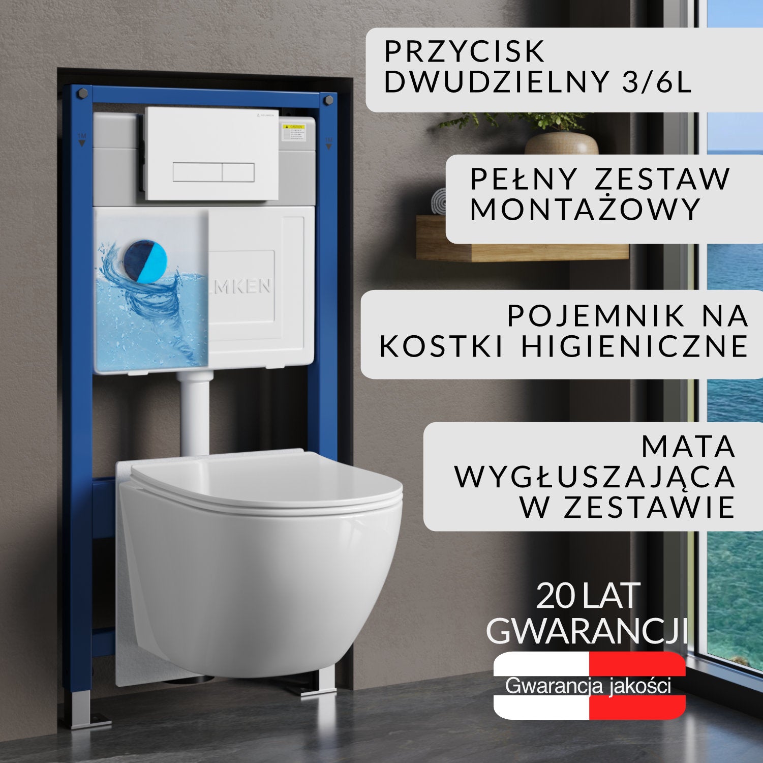 Zestaw podtynkowy WC Helmken 6w1: Stelaż, Biały (HD) Przycisk, Miska bezkołnierzowa Rimless 35103001, Deska wolnoopadająca, Pojemnik na kostki, Mata
