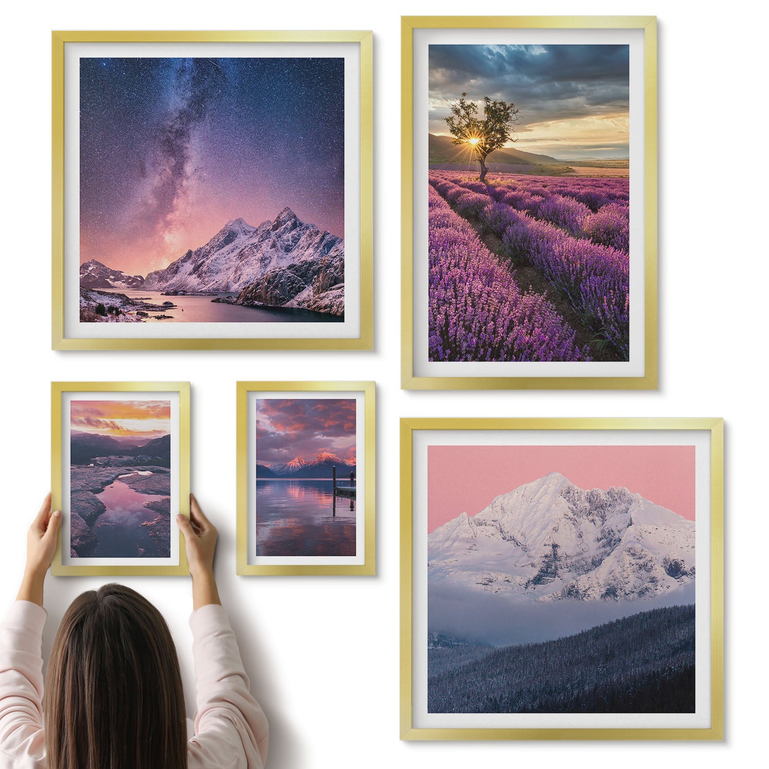 Galeria ścienna 5-częściowy komplet obrazów w złotych ramach - Krajobrazy natury z lawendowymi polami i górami - ArtPrintCave