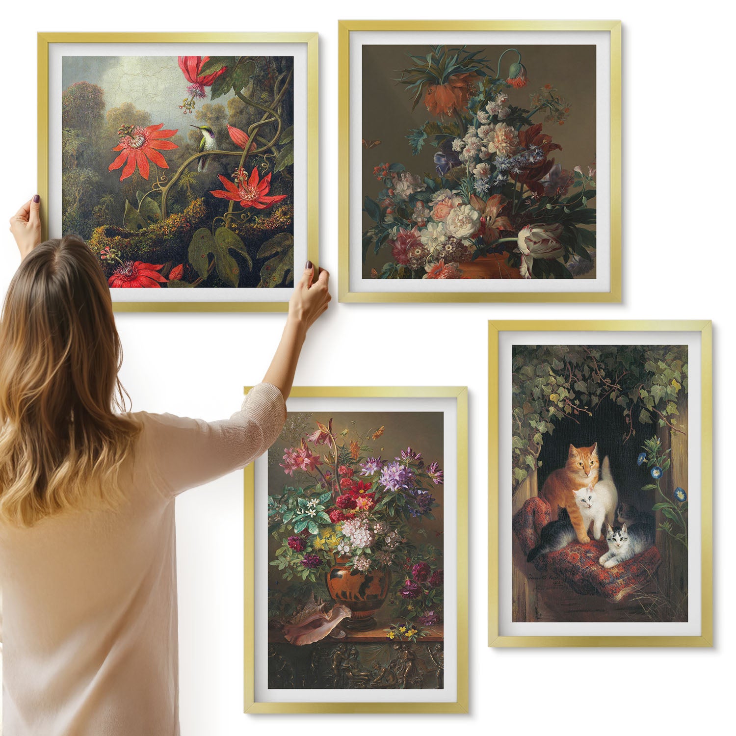 Galeria ścienna 4-częściowy komplet obrazów w złotych ramach - Vintage kwiaty koty i rośliny w naturze - ArtPrintCave
