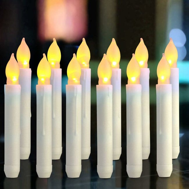 Świece LED, długie żyrandole, 12 bezpłomieniowych świec, zasilane bateriami AA, 16,5 x 2 cm, świece świecące na imprezy, wesela, dekoracje świąteczne