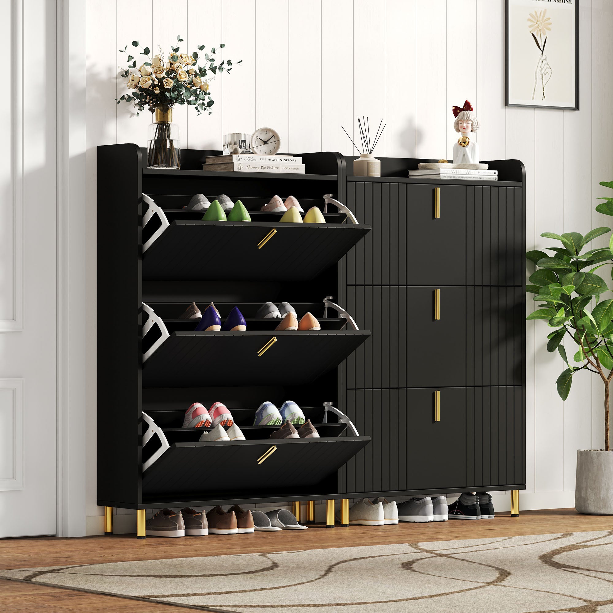 Szafka na buty z 6 drzwiami uchylnymi i zabezpieczeniem przed przewróceniem - 160 x 23,5 x 123,5 cm - MDF - Czarna