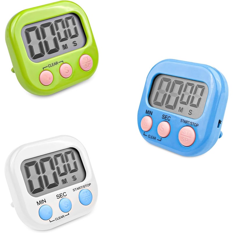 3 Sztuki Magnetyczny Minutnik Kuchenny w 3 Kolorach, Duży Ekran LCD, Cyfrowy Stoper z Alarmem, Odliczanie dla Dzieci, Gotowanie, Sport, Prysznic