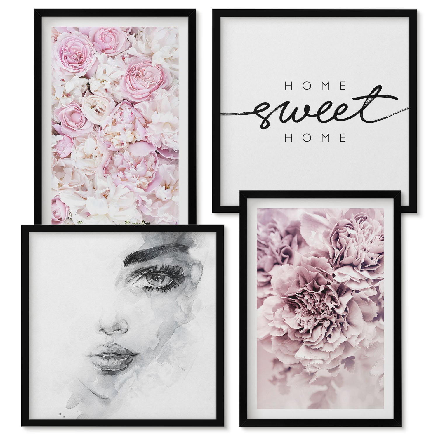 Zestaw obrazów w ramie - 4 części | Delikatne piwonie portret kobiety home sweet home | Czarna ramka