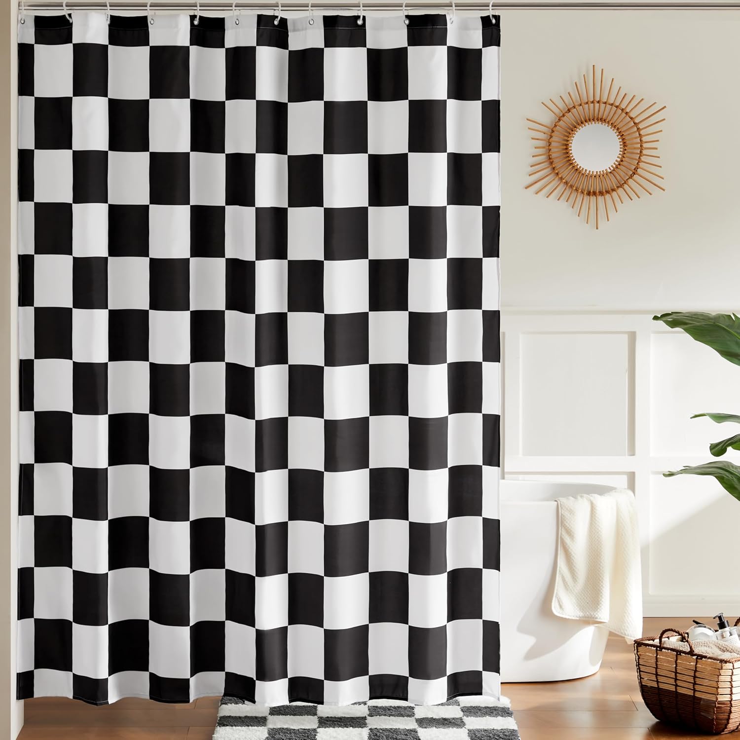 Czarno-biała zasłona prysznicowa w kratę - Wodoodporna i odporna na pleśń - 180x180 cm z 12 haczykami - Nowoczesna dekoracja do łazienki