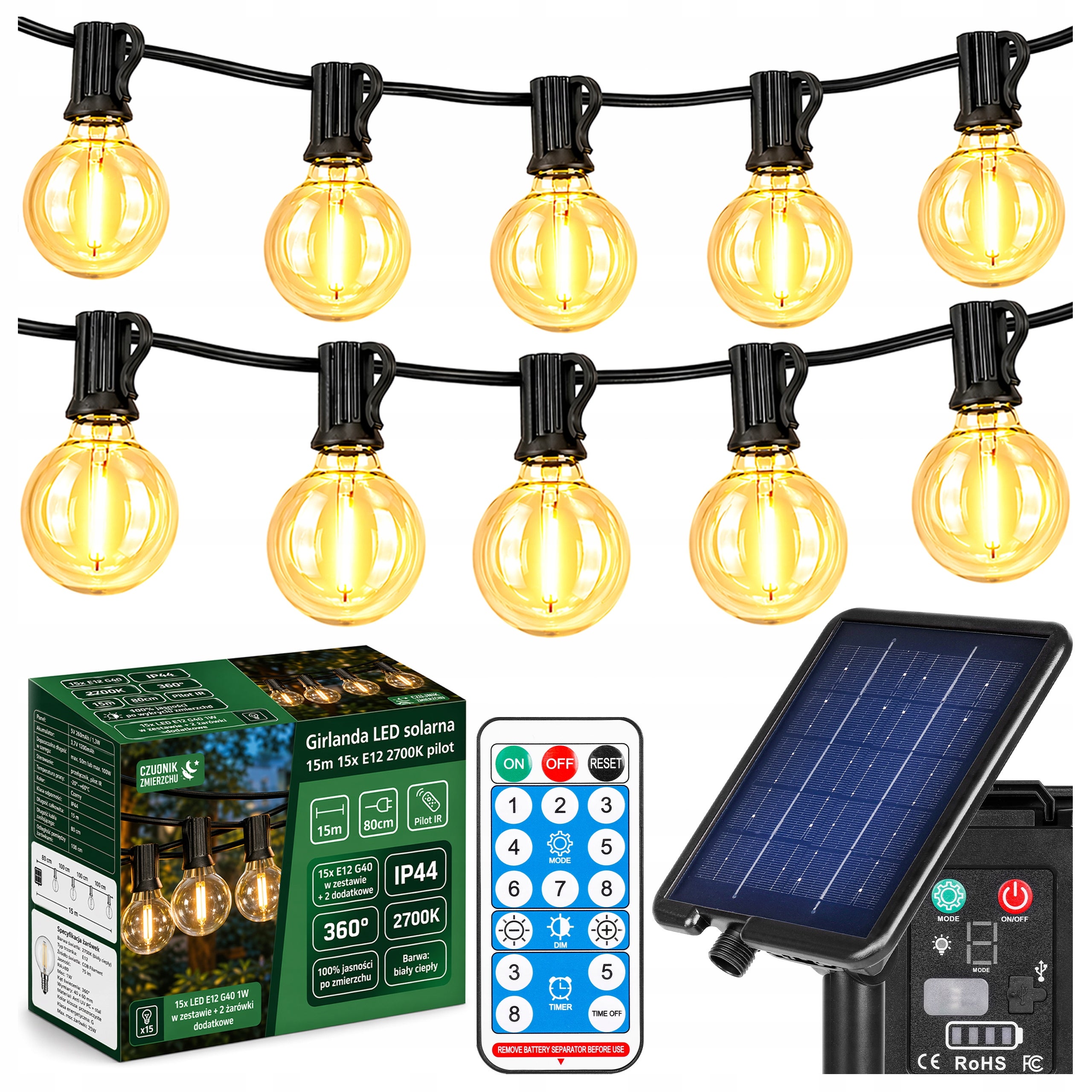Girlanda solarna ogrodowa świetlna 15m 15x żarówka E12 LED IP44 2700K pilot lampki MasterLED