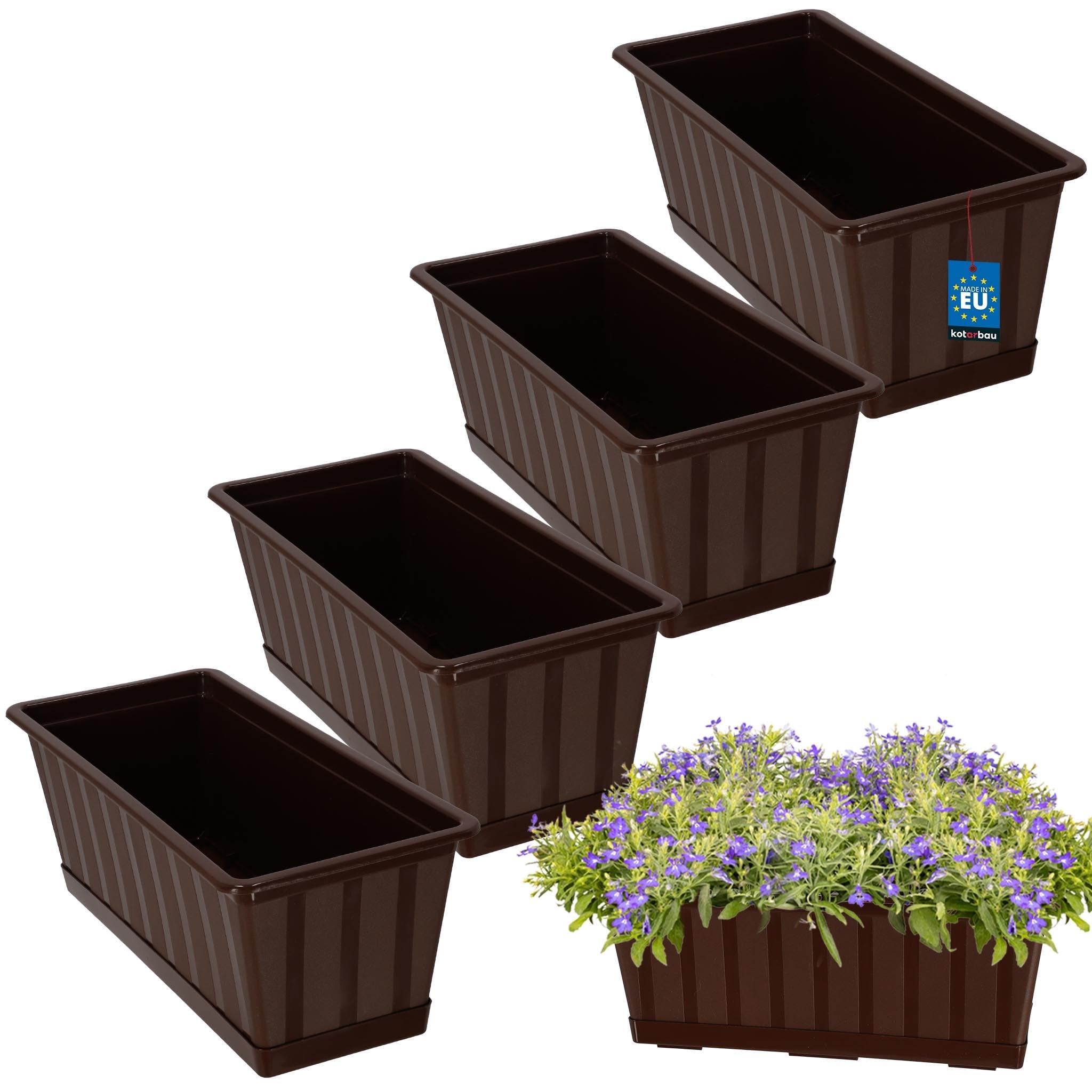 4 szt. Doniczka - Skrzynka Balkonowa - 40 x 18 x 14 cm - Skrzynia na Balustradę Balkon - Donica z Podstawką - Brąz KOTARBAU