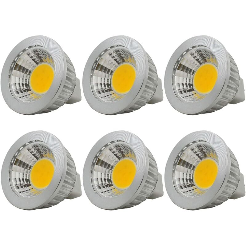 Żarówki LED COB MR16/GU5.3, 6 sztuk, 3 W/210 lumenów, prąd stały 12 V, ciepłe białe światło 2700 K, odpowiednik żarówki halogenowej o mocy 20 W.