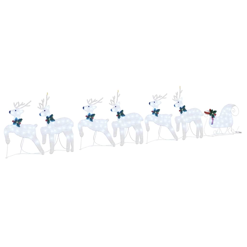 Renifery z Saniami LED 6 Reniferów i Sanie z Tkaniny Zimna Biel 66 cm USB