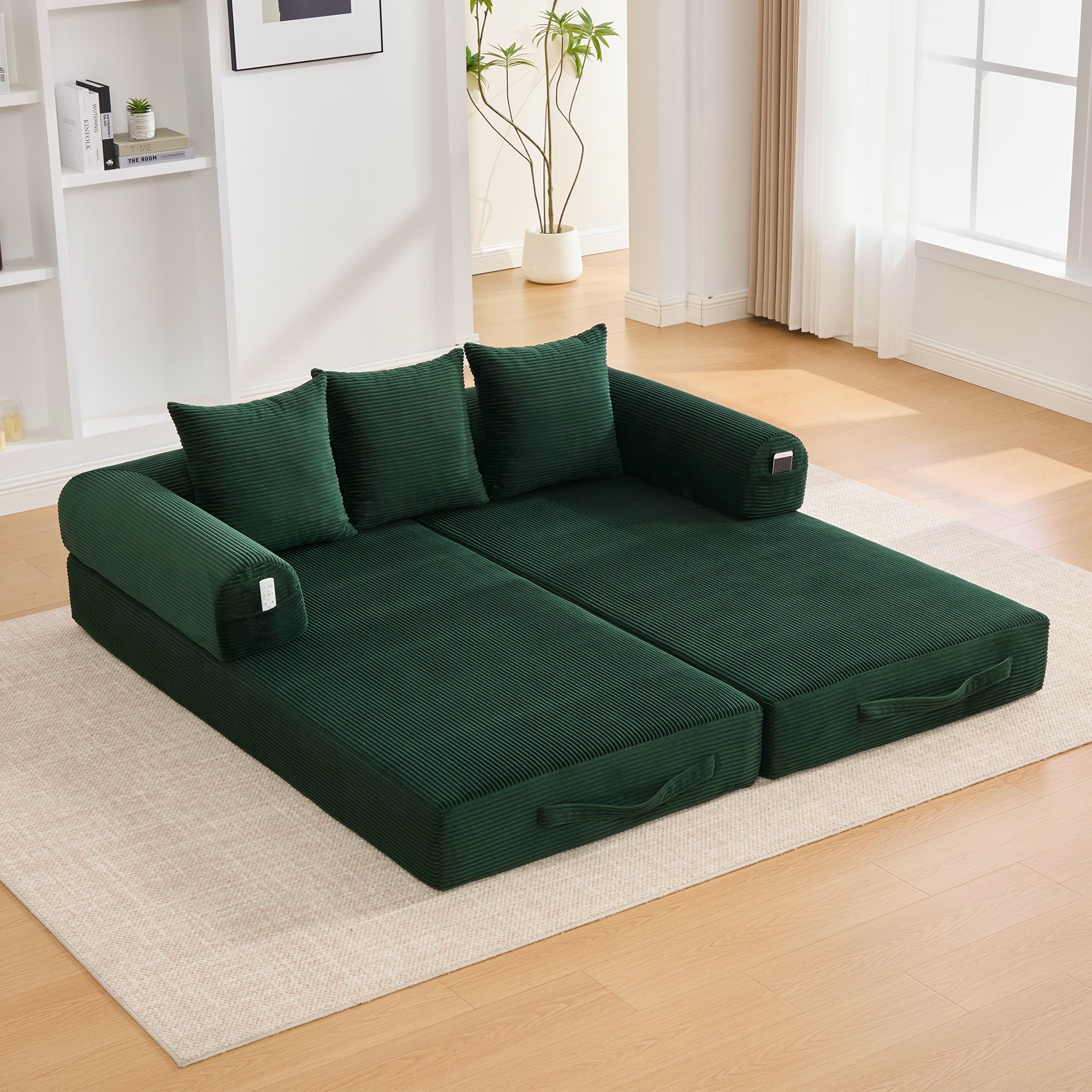 Sofa Modułowa Sztruks Szmaragd, Metalowa Rama, 3 Poduszki, Boczne Kieszenie do Salonu