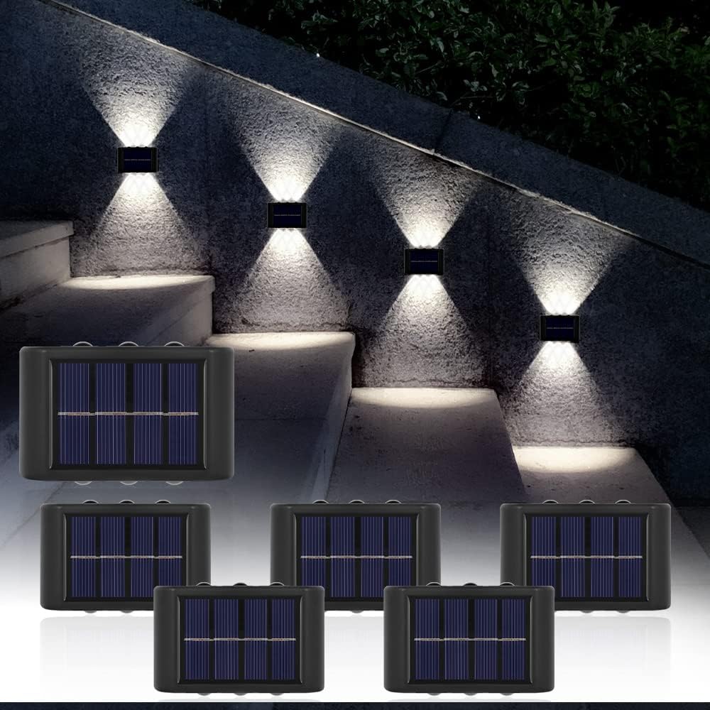 6x Światło Słoneczne na Ścianę - 6 LED, oświetlenie schodów, Oświetlenie Schodów/Krajobrazu, Wodoodporne, Białe Światło, Idealne na Taras/Ogrod
