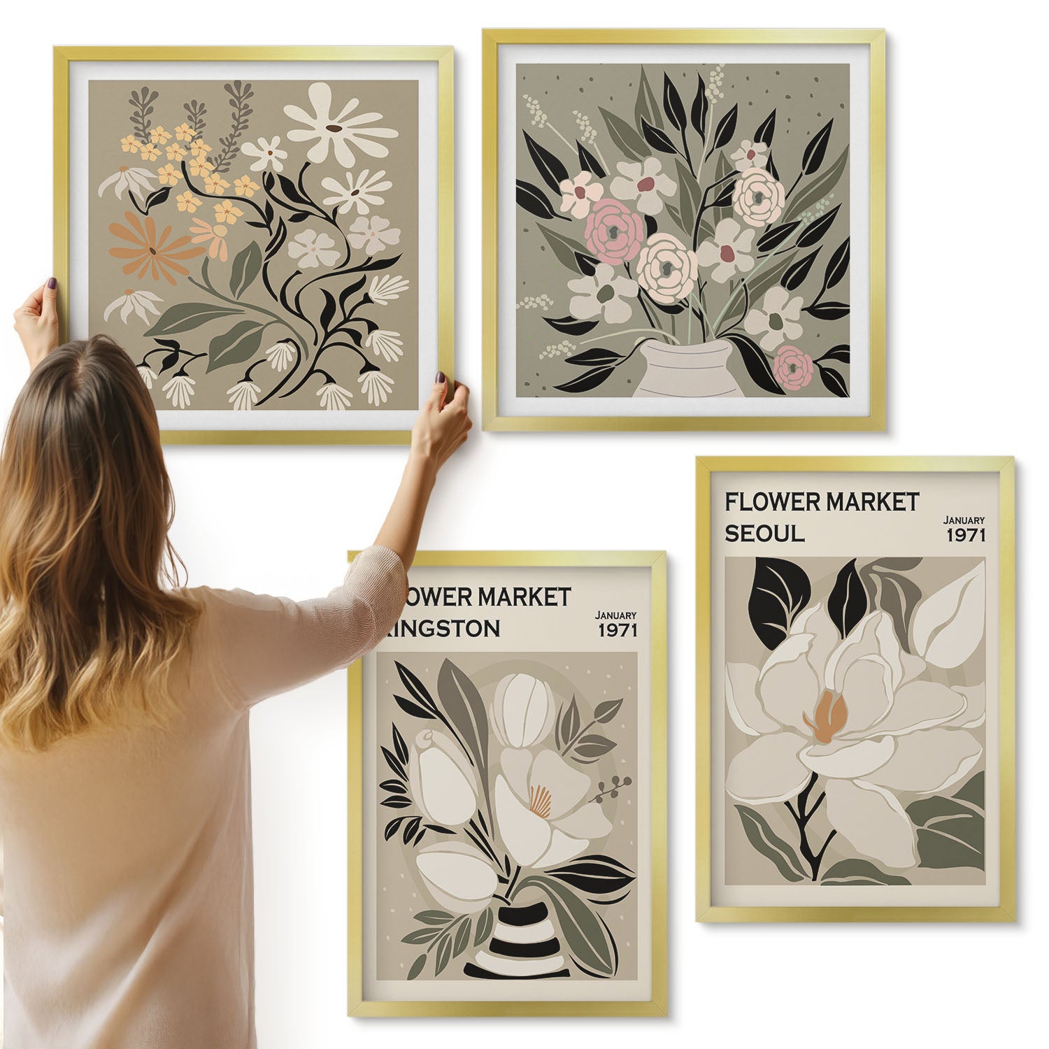 Galeria ścienna 4-częściowy komplet obrazów w złotych ramach - Kwiaty w stylu retro z różnych miast świata - ArtPrintCave