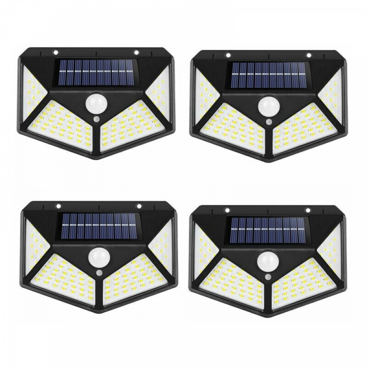 Zestaw 4 zewnętrznych lamp solarnych, kąt promienia 270°, z czujnikiem ruchu, wodoodporne IP65, odpowiednie do ogrodu.