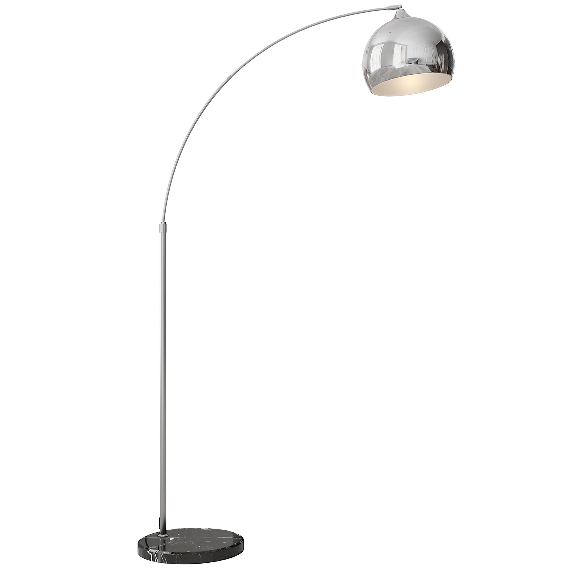 Nowoczesna lampa podłogowa w kształcie łuku, gniazdo E27 40W, włącznik nożny, wymiary: 110-115 x 30 x 170-180 cm, kolor srebrny i czarny.