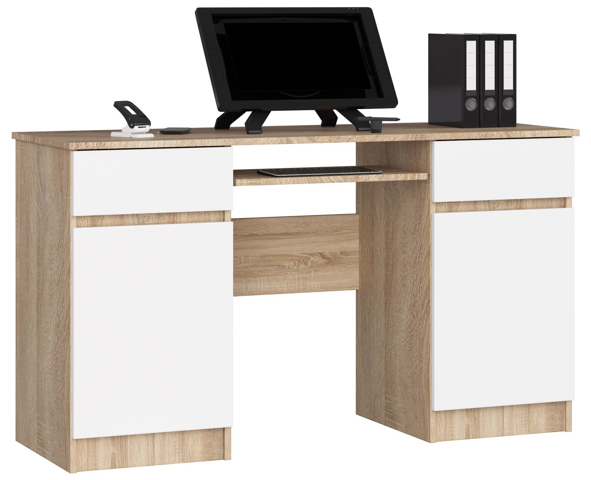 Biurko komputerowe AKORD A5 Dąb Sonoma 135 cm 2 drzwi 2 szuflady kolor Biały mat 5 półek 135x50x77 cm