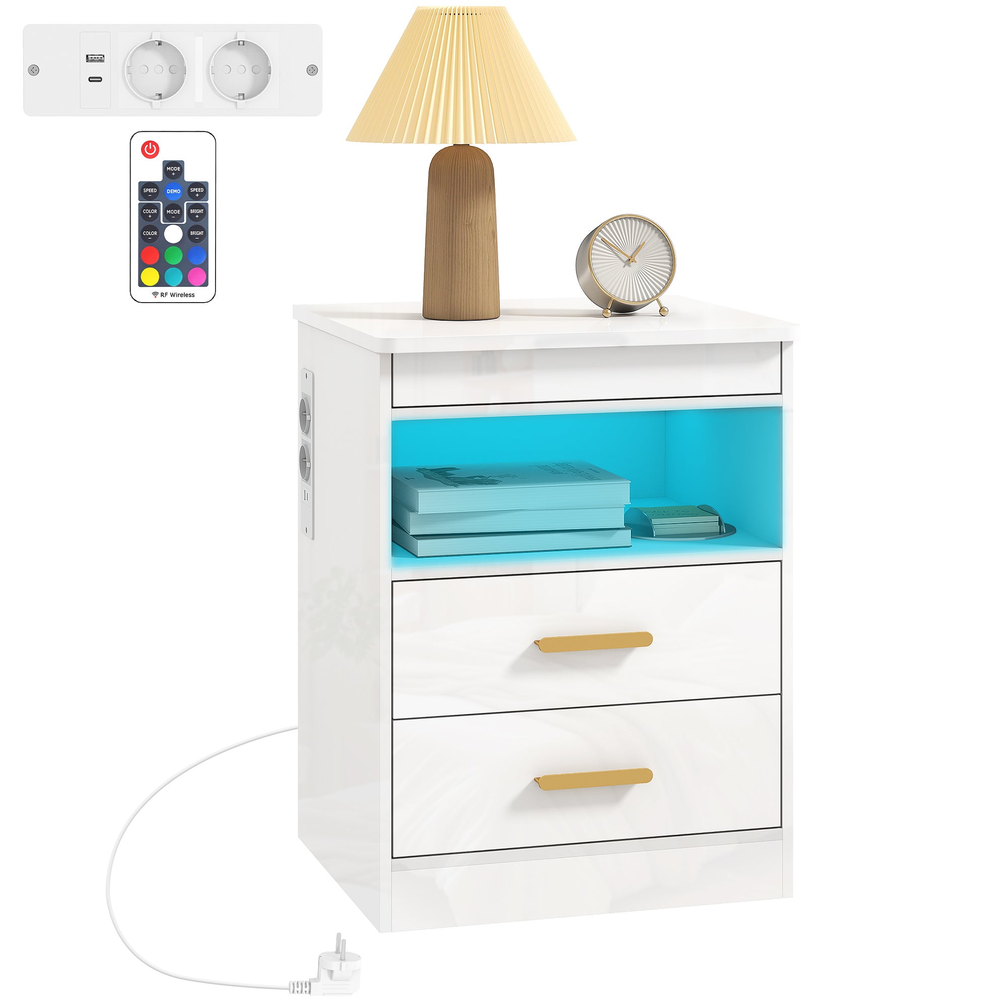Stolik nocny ze stacją ładującą i oświetleniem LED RGB, połyskujący biały