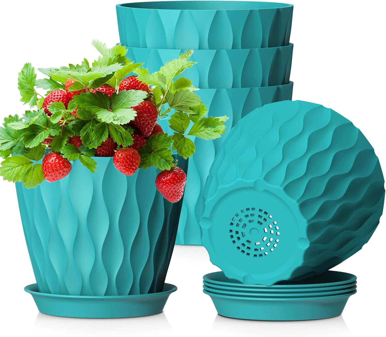 Doniczka do kwiatów doniczkowych (12,7 cm), zestaw 5 plastikowych doniczek z drenażem i podstawkami, nowoczesny, falisty wzór 3D, doniczka na sadzonk