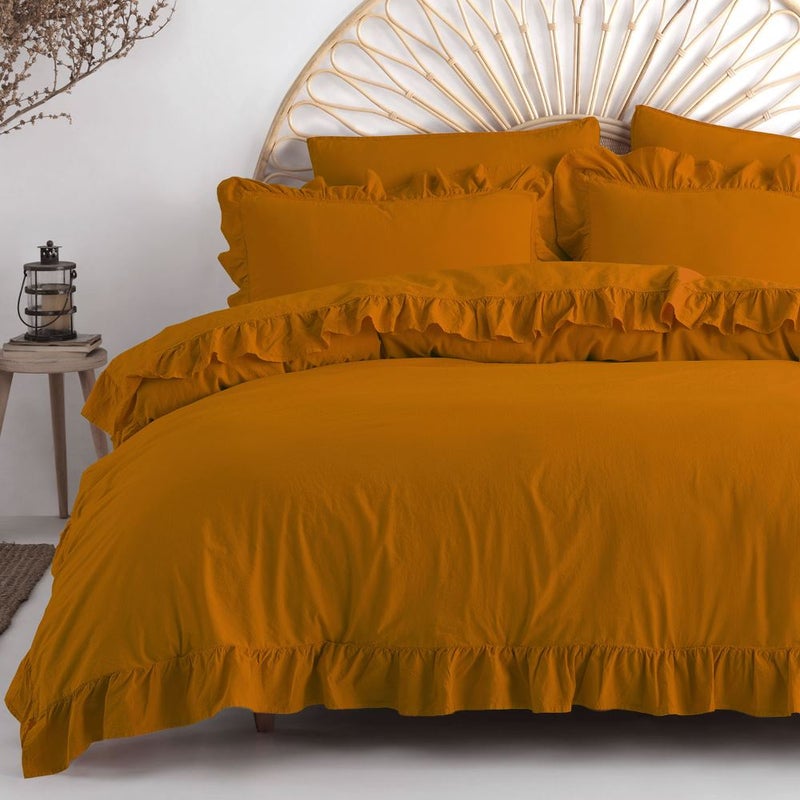 Pościel bawełniana z falbanką 220x200 Stonewashed Exclusive, Sudan Brown, brązowa - Limasso