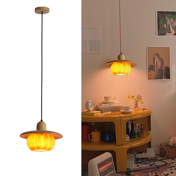 Mały żyrandol 18 cm, Lampa wisząca, Plafon wiszący, Lampa wisząca z kloszem dyniowym z żywicy, ciepłe światło 3000 K