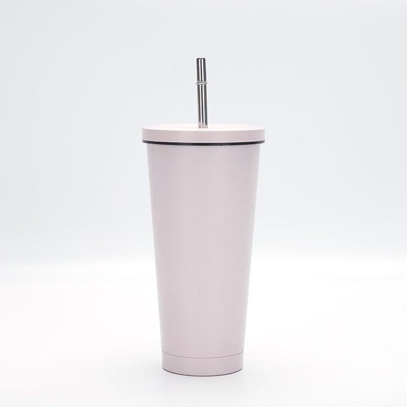Kubek termiczny ze stali nierdzewnej o pojemności 500 ml w kolorze różowym, ze słomką i pokrywką, kubek do kawy z podwójnymi ściankami, kubek podróżn