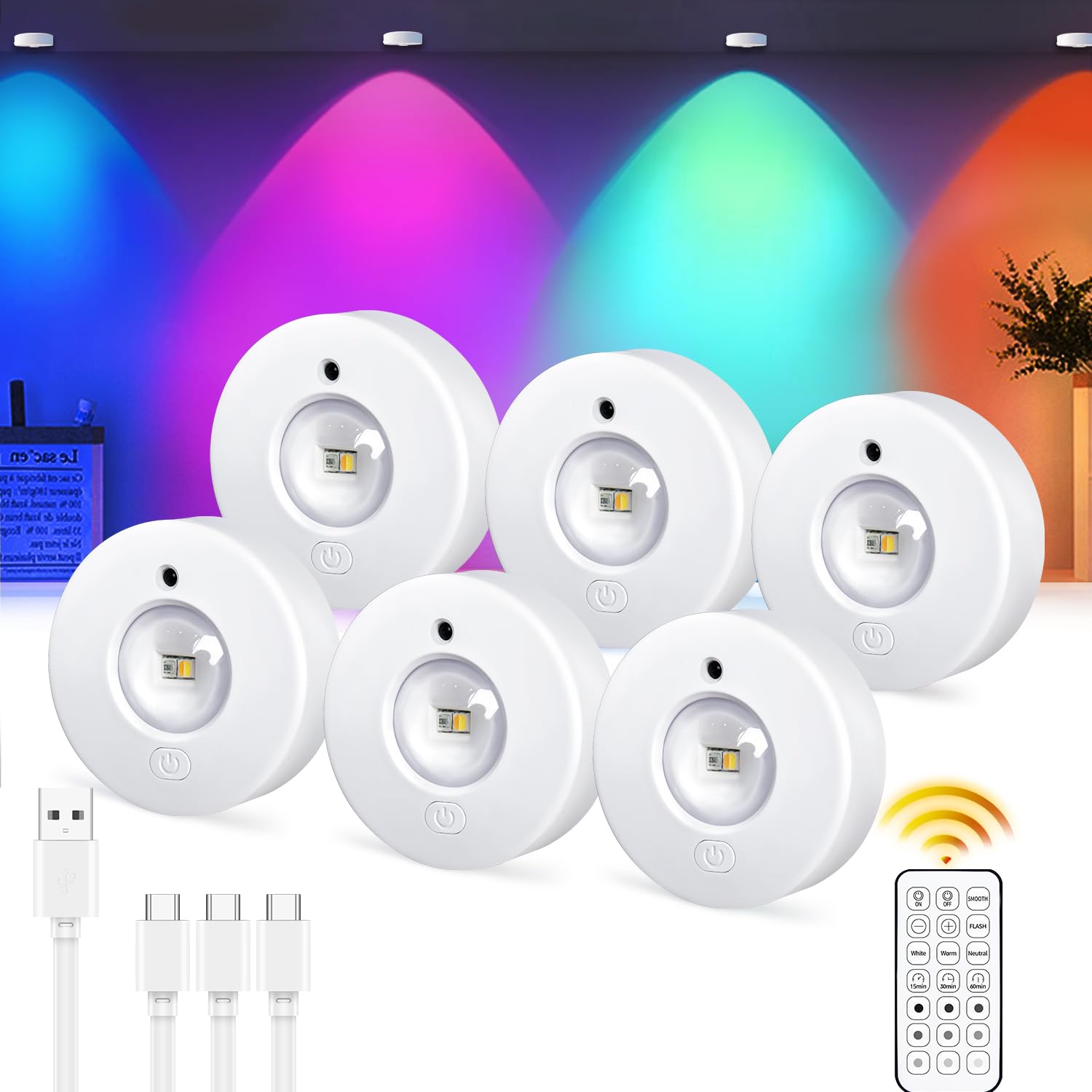 Mini lampka LED bezprzewodowa, 6 sztuk, ładowana przez USB, trójkolorowe światło + RGB