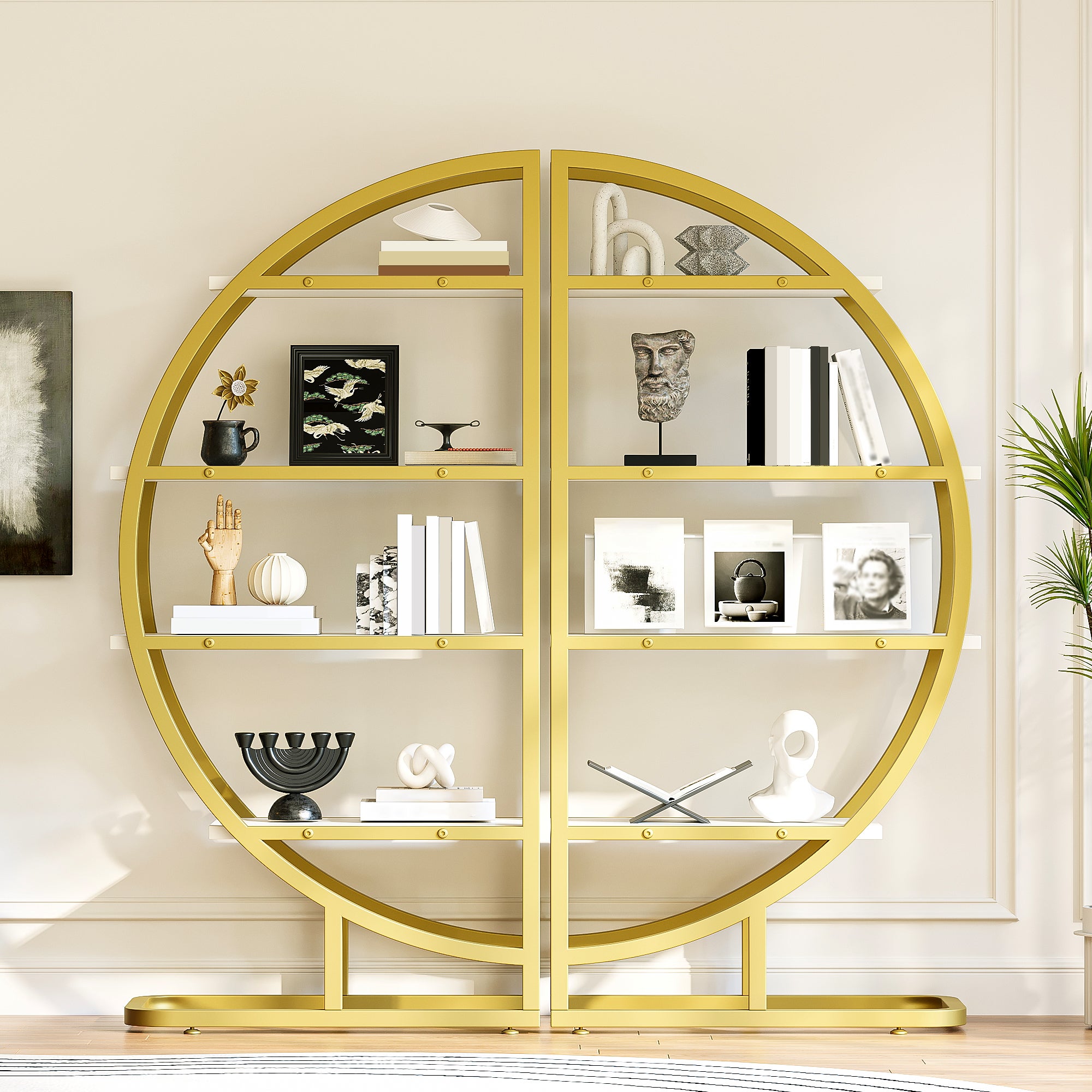 Półka stojąca z okrągłym łukiem 120×30×130 cm - 2-częściowy metalowy regał ze złotą ramą i 4 białymi półkami MDF, modułowa półokrągła półka do salonu