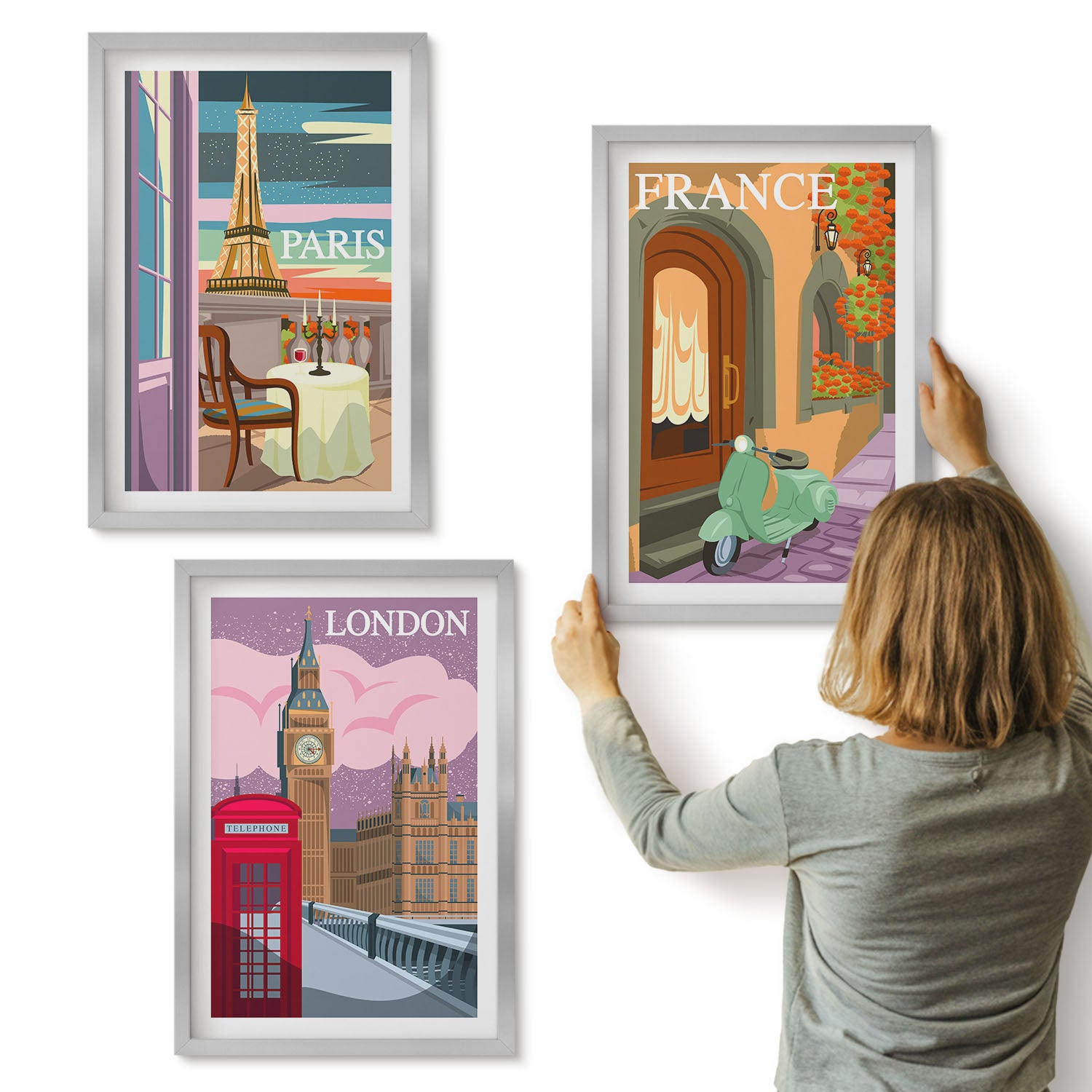 Galeria ścienna 3-częściowy komplet obrazów w srebrnych ramach - Widoki miast Paryż Londyn i Francja w stylu retro - ArtPrintCave
