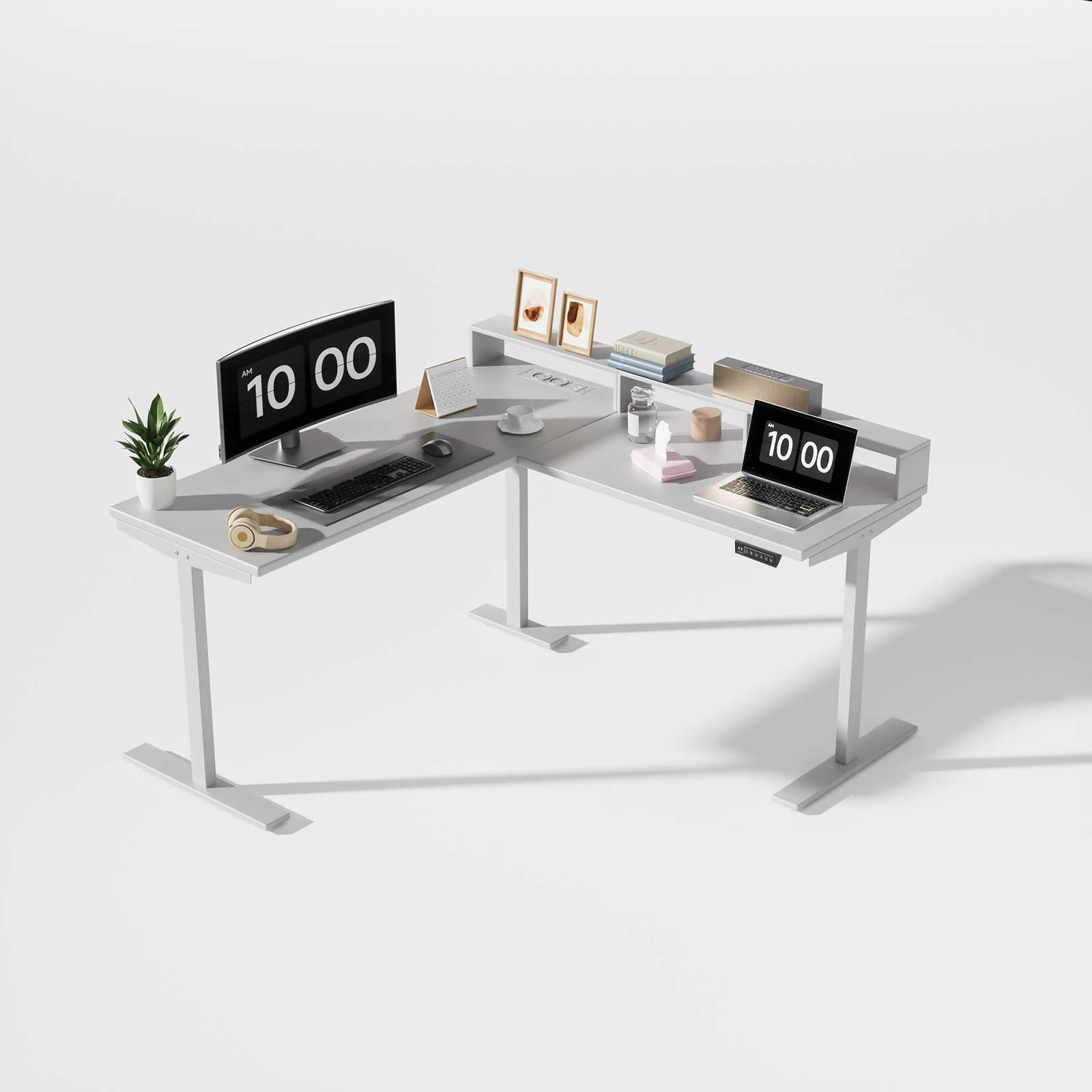 Biurko elektryczne w kształcie litery L z regulowaną wysokością, podwójnym schowkiem, USB+AC, ergonomiczny design, białe