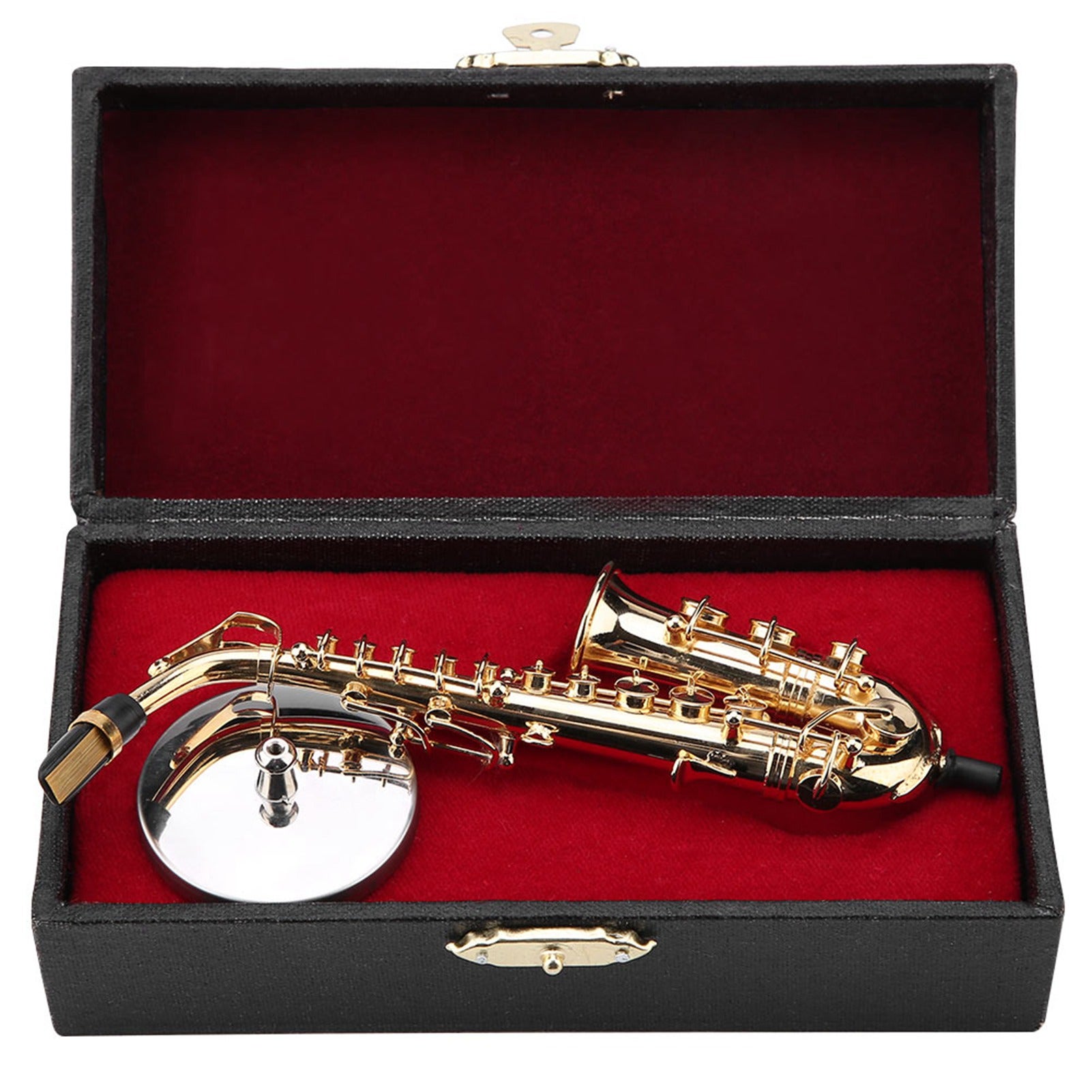 Miniaturowa replika saksofonu altowego ze stojakiem i pozłacanym futerałem. Ozdoby instrumentu.