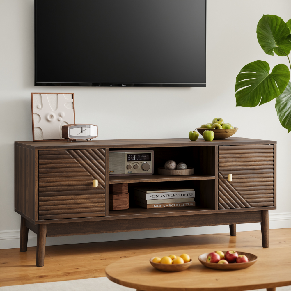 Szafka RTV 110 cm Mid-Century Modern, MDF w kolorze orzecha, do salonu, na telewizor 32–49 cali, styl Art Déco