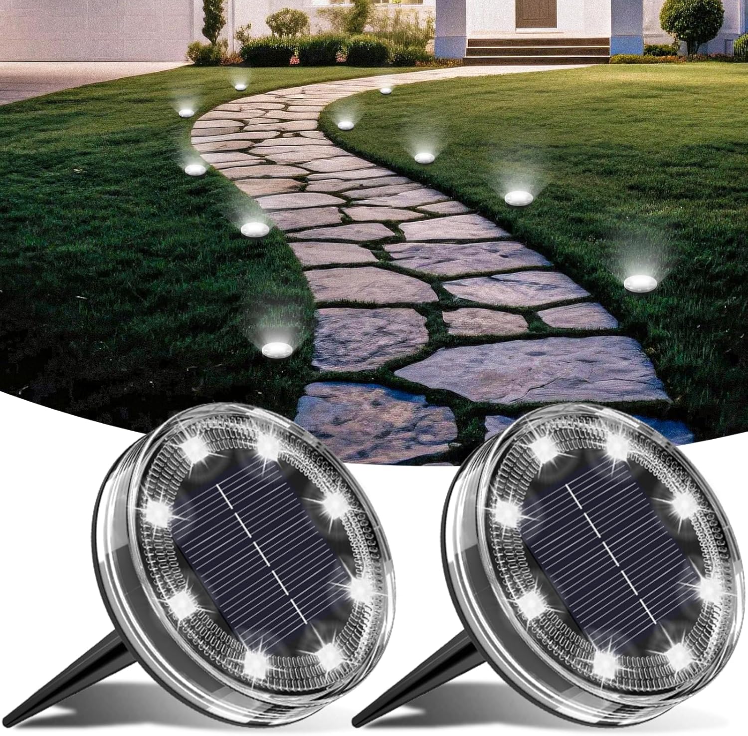 Zestaw 2 lamp solarnych do gruntu, 8 lamp solarnych LED do ogrodu, wodoszczelność IP68, zewnętrzne reflektory solarne do ścieżek, trawników, tar
