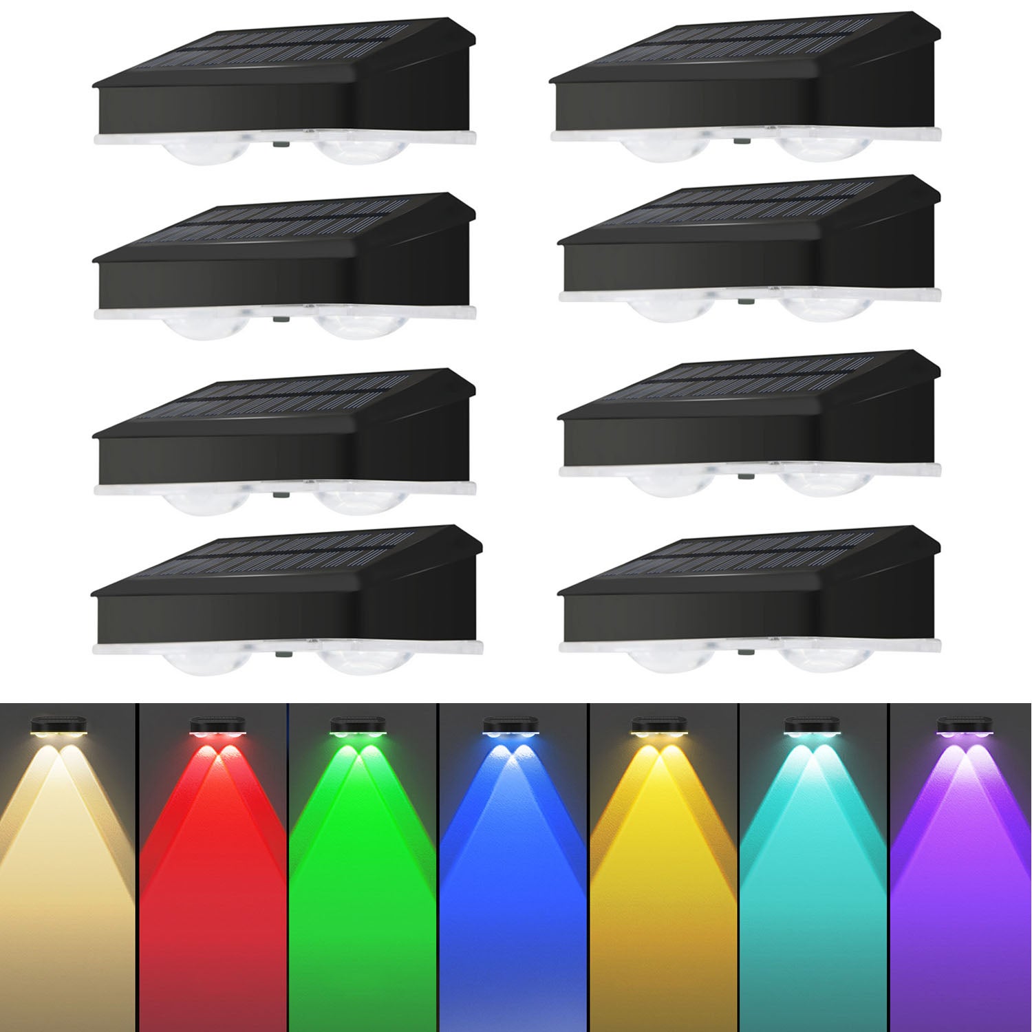 Zestaw 8 lamp solarnych do użytku zewnętrznego, do ogrodzenia, z wysokiej jakości soczewkowymi lampami LED, w ciepłym białym i RGB, do ogrodu.