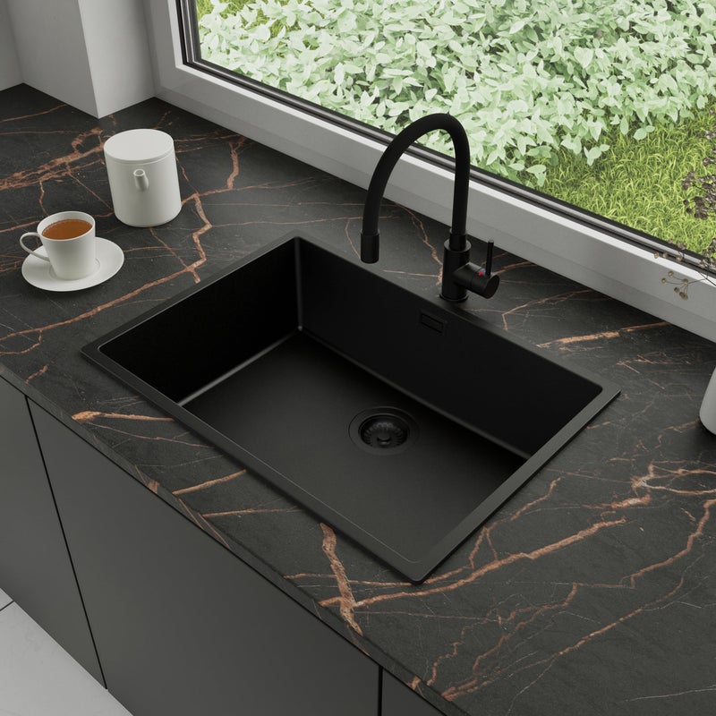 Zlewozmywak Granitowy 66x47cm, do szafki od 70cm + Bateria + Syfon - Agate Cały Czarny STONESTYLE