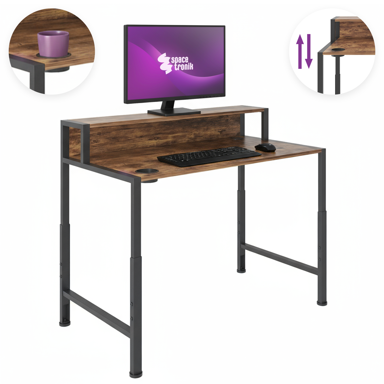 Biurko industrialne Spacetronik Funky Furniture SFFDF0002BR Rustykalny brąz z półką na monitor