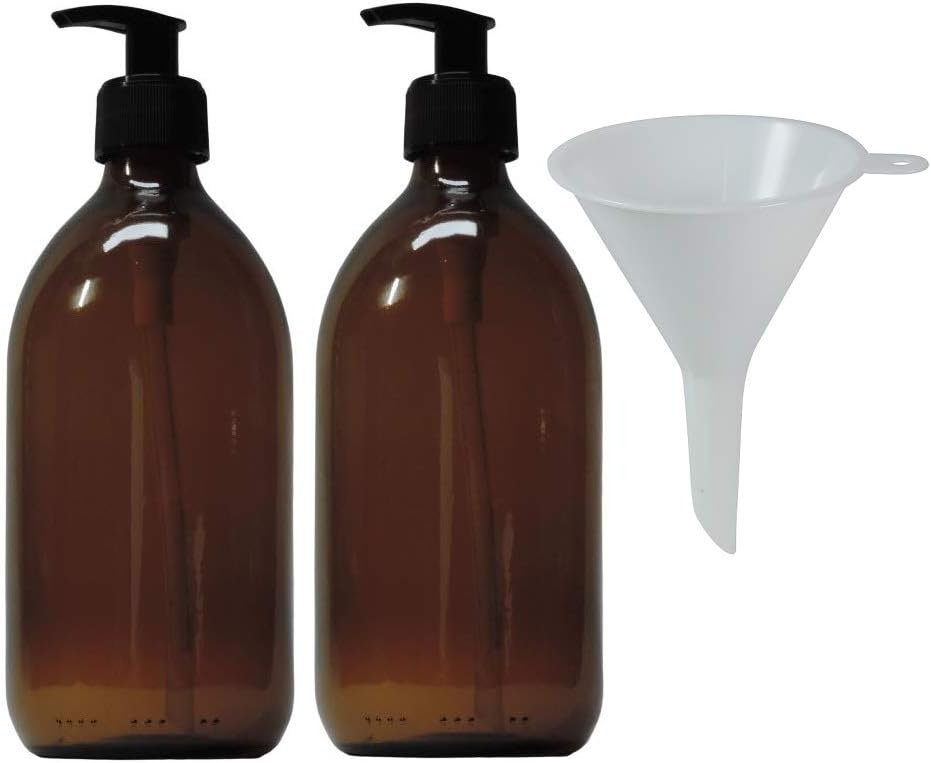 Dwa dozowniki do mydła ze szkła bursztynowego o pojemności 500 ml, bez BPA, dopuszczone do kontaktu z żywnością, brązowe.